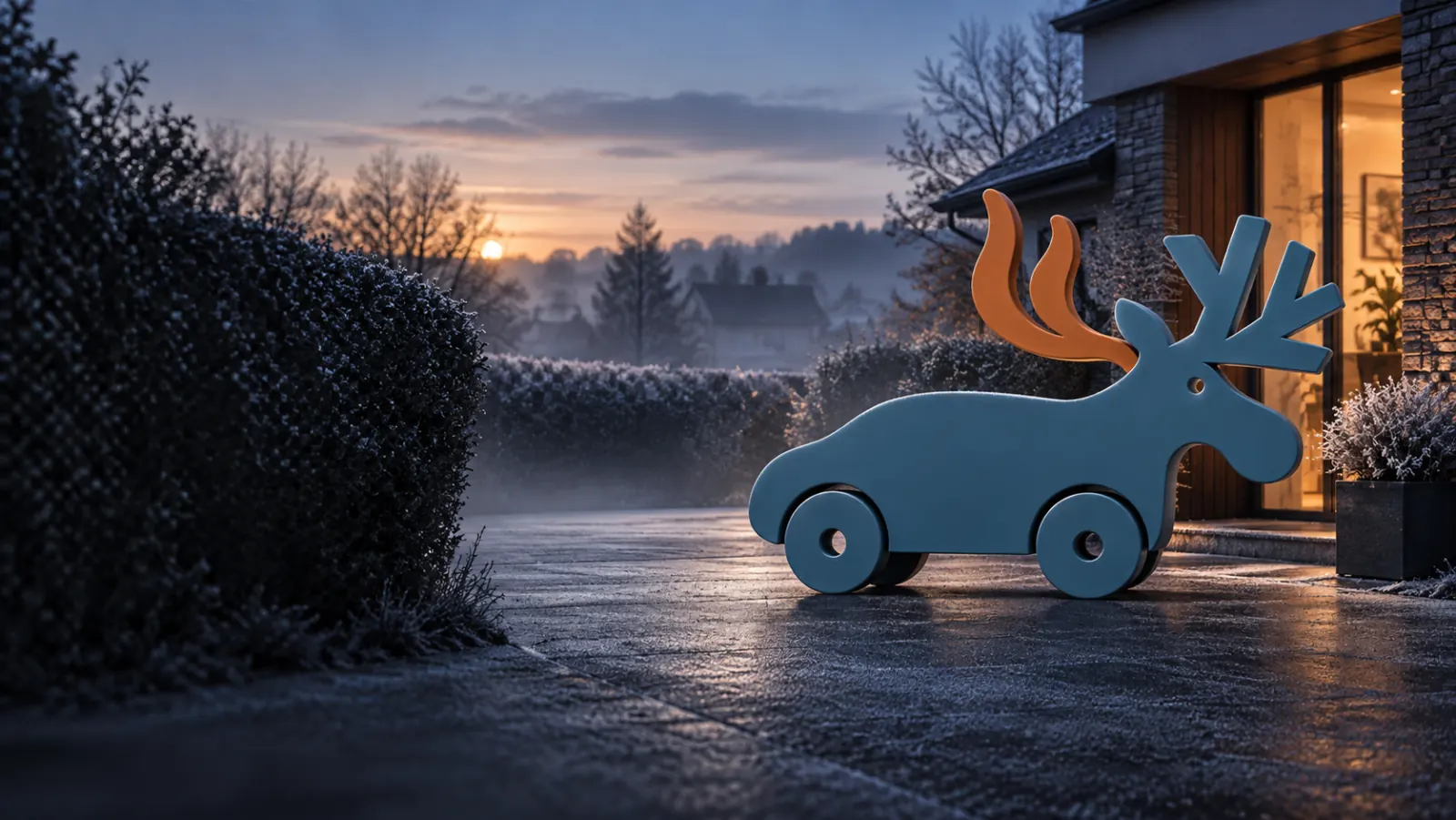A wooden moose-shaped toy car standing on a frosted driveway at dawn, with a house lit warm behind it.